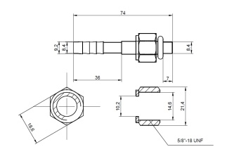 Чертеж 13-0665 Фитинг стальной 8мм 3-8 №6х180˚ O-RING 5-8-18UNF