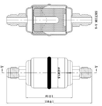 Чертеж молек.сито 17-1052 Фильтр-осушитель 033, 2х58-18UNF, Flare