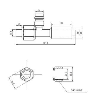 Чертеж 13-0910 Фитинг стальной 10мм 1-2” №8х180˚ O-RING 3-4”-16UNF c зап. портом HP со стаканом, тонкост. шланг