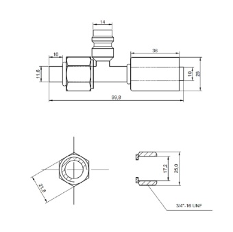 Чертеж 13-1959 Фитинг стальной 10мм 1-2” №8х180˚ O-RING 3-4”-16UNF c зап. портом HP со стаканом, толст. шланг