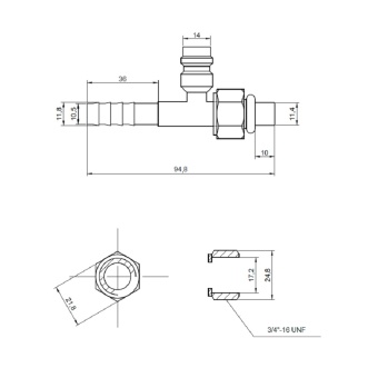Чертеж 13-0478 Фитинг алюминиевый 10мм 1-2” №8х180˚ O-RING 3-4”-16UNF c заправочным портом HP