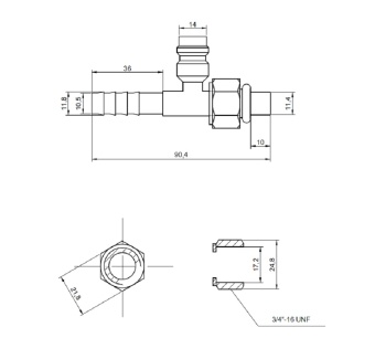 Чертеж 13-0671 Фитинг стальной 10мм 1-2” №8х180˚ O-RING 3-4”-16UNF c заправочным портом HP