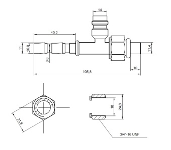 Чертеж 13-1238 Фитинг аналог Manuli 10мм 1-2” №8х180˚ O-RING 3-4”-16UNF c заправочным портом HP